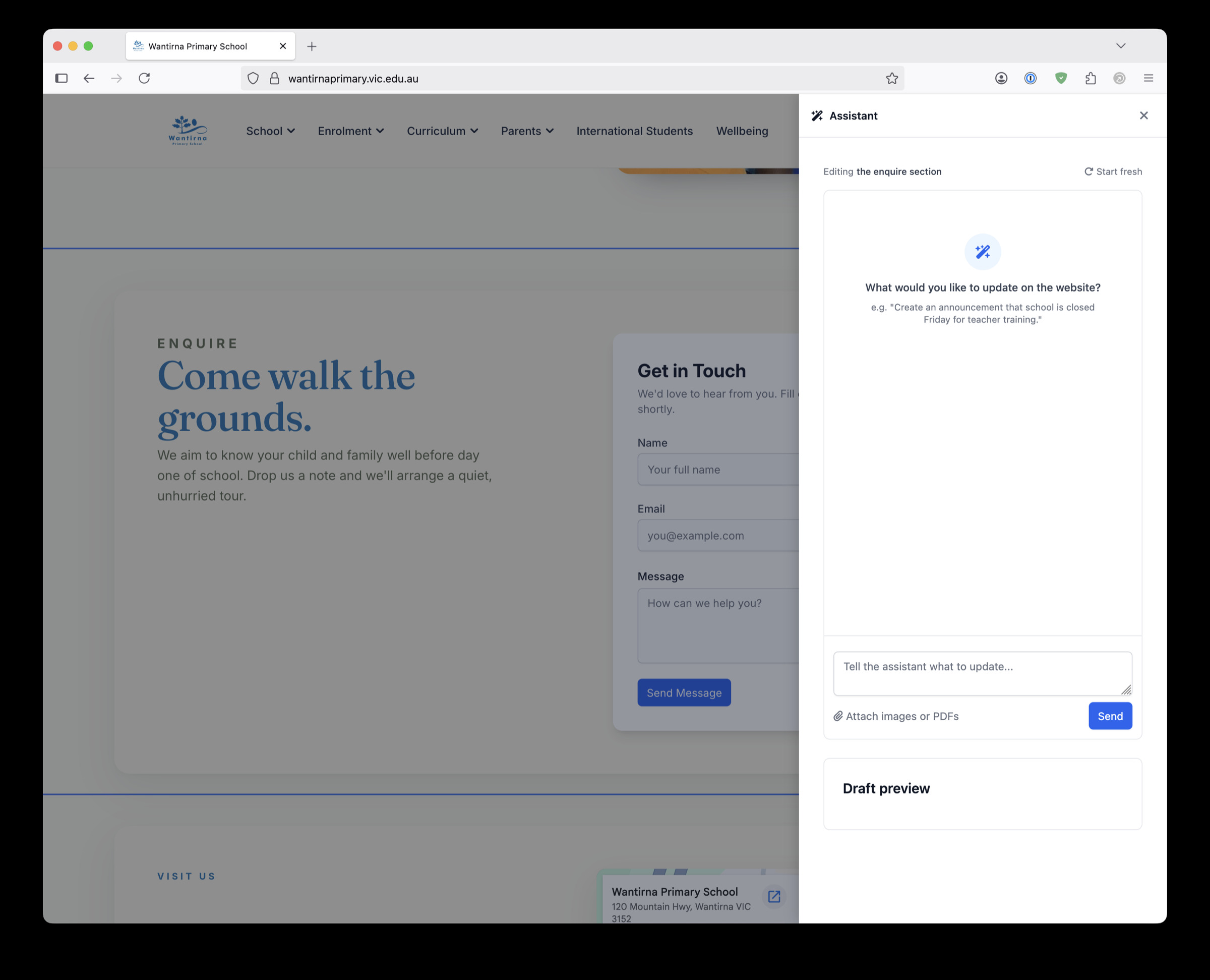 The Bluedesk admin assistant drawer open on a school's website, ready to draft an update