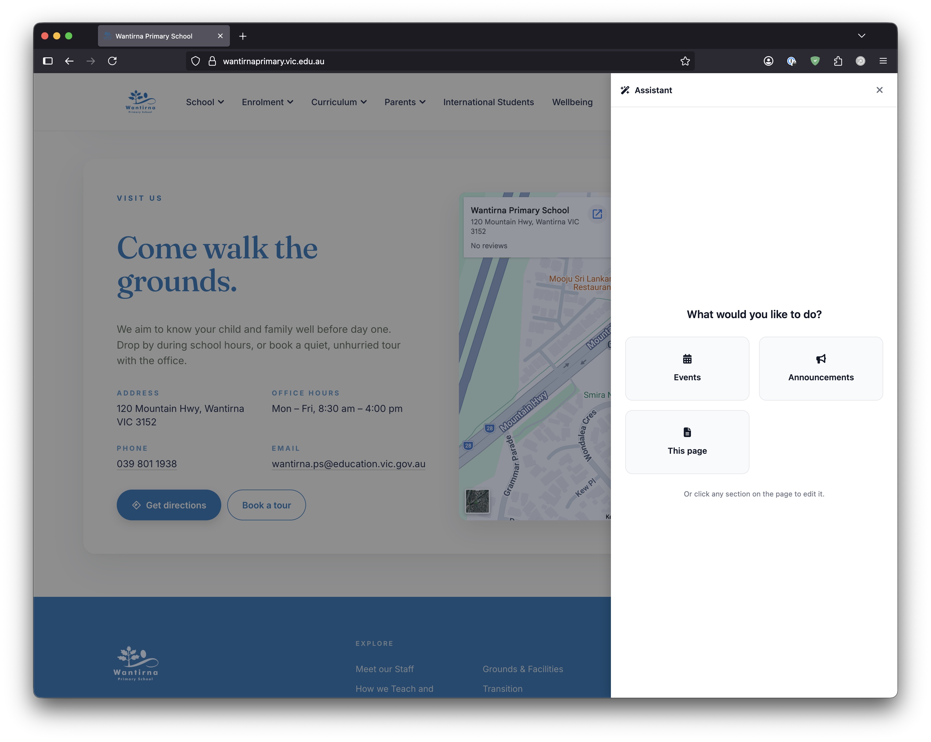 The Bluedesk admin assistant panel open over a school website, ready to draft an update